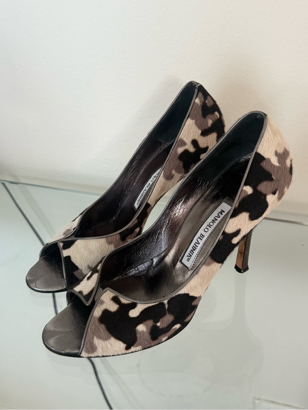 Manolo Blahnik pony hair peep-toe pumps